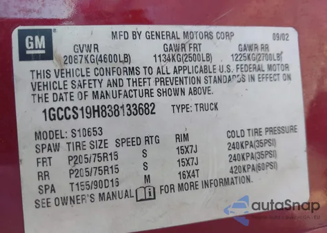 2003 Chevrolet S-10 from USA, damaged, VIN 1GCCS19H838133682